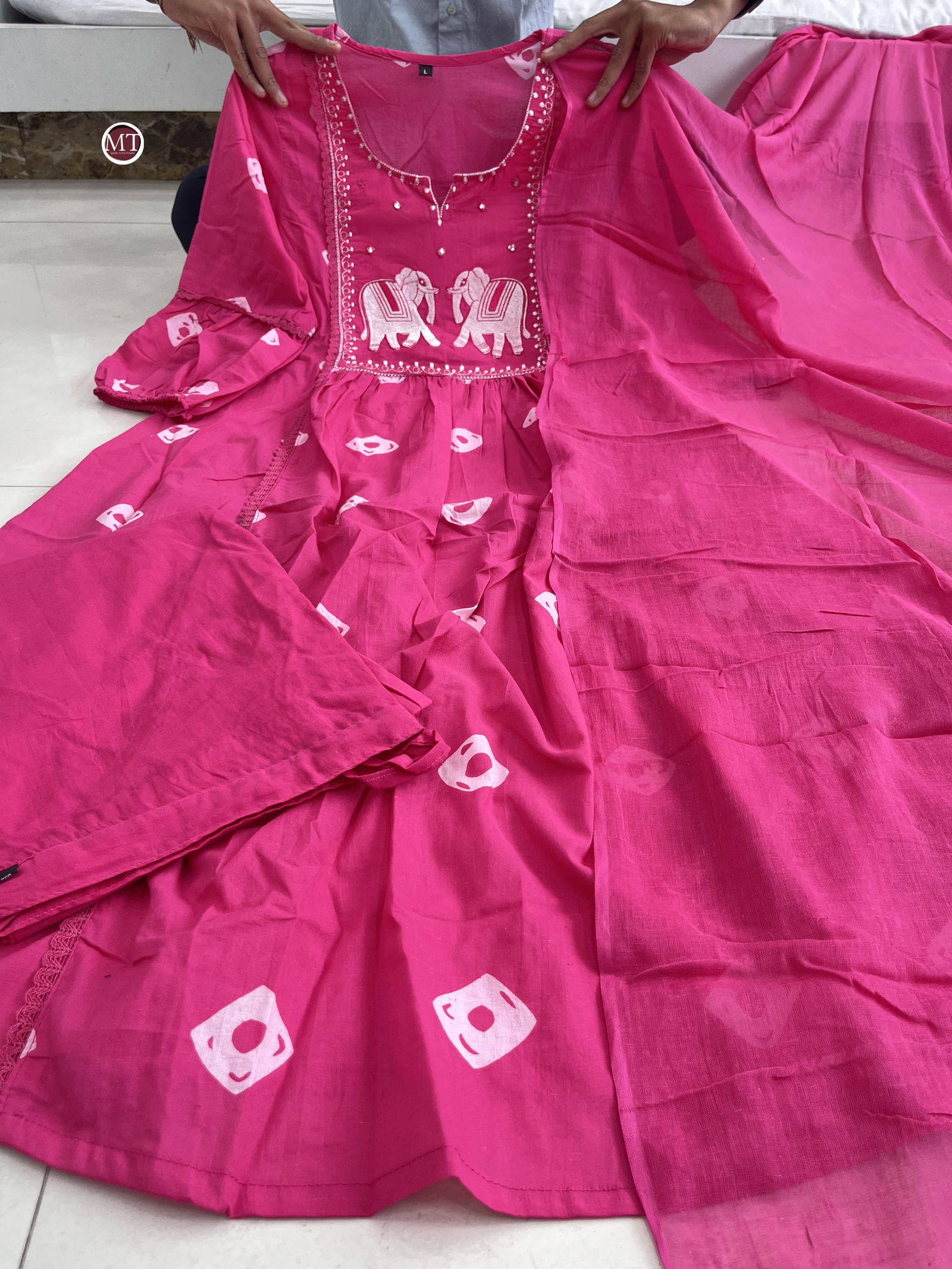MT Pure Cotton Printed Embroidery Kurti With Bottom Dupatta Online Wholesale